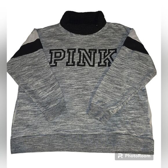 Victoria's Secret PINK Sherpa Cowl Neck Pullover Sweatshirt Grey/Black Women's L - Picture 1 of 5